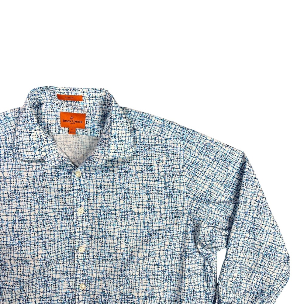 Simon Carter London Men's 17 42cm Slim Fit Blue Abstract Grid‎ 100% Cotton Shirt